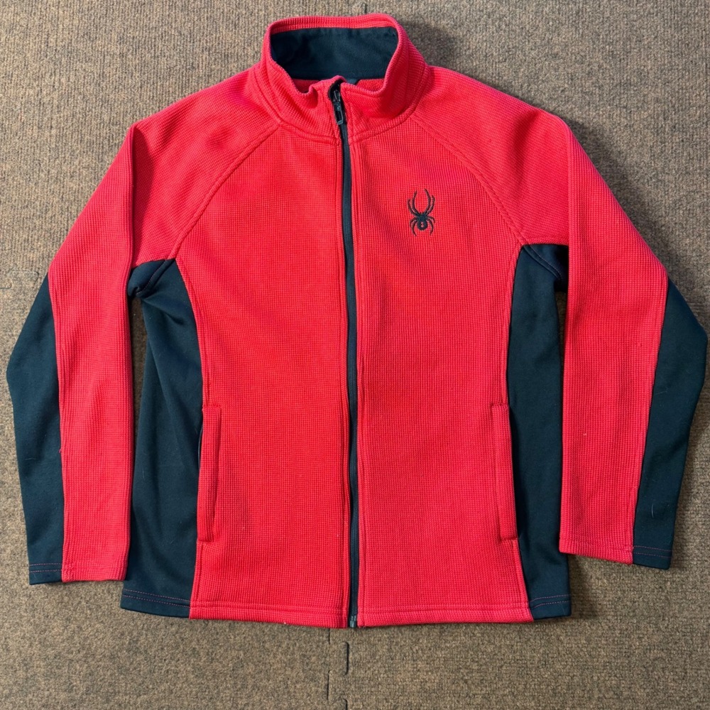 Spyder Boys Red Black Waffle Knit Full Zip Fleece Jacket Size L 14/16 SPFDD26F